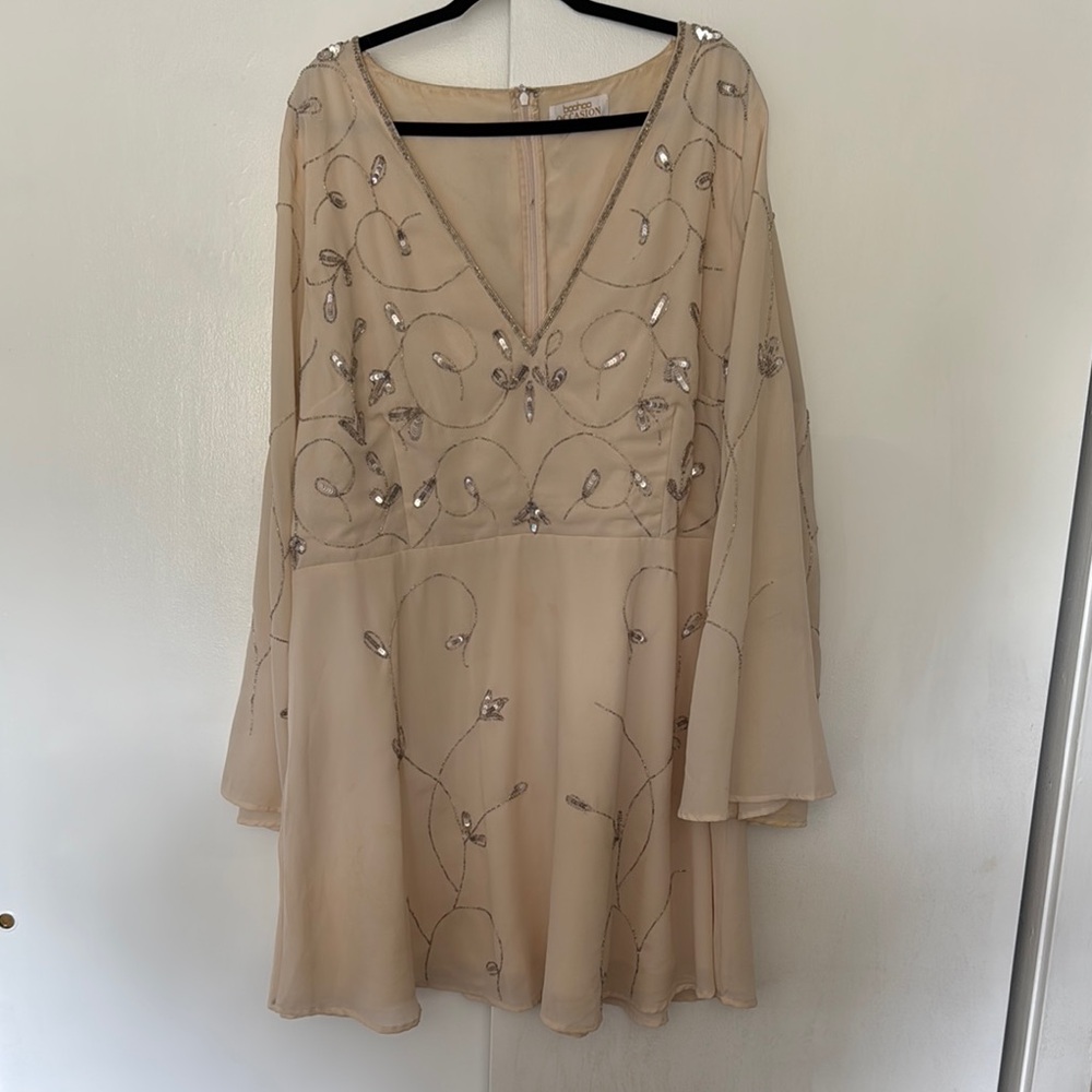 Boohoo Tan Long Sleeve V-Neck Sundress
